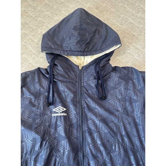 Vintage Umbro Jacket Mens XL Blue Parka Coat Soccer‎ 90s All Over Print Puffer - Picture 3 of 11